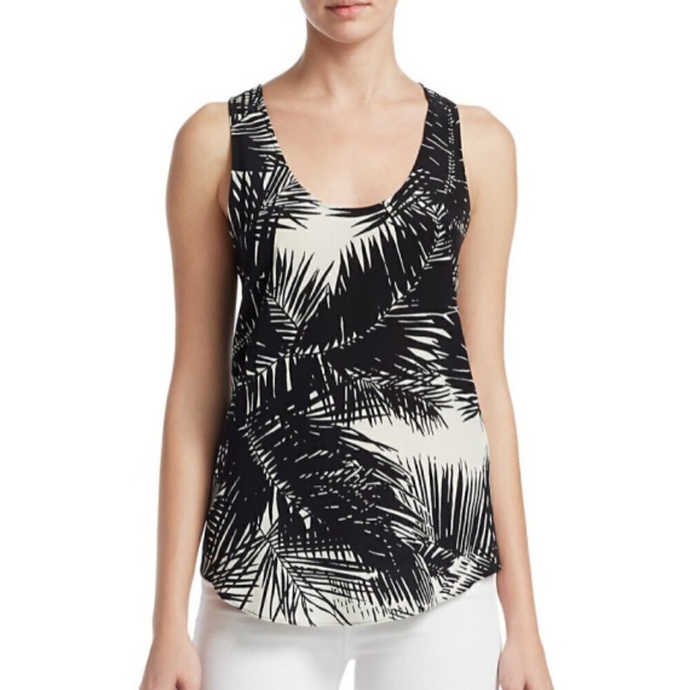 Theory Palm Print Sleeveless Silk Tank Top, B/W